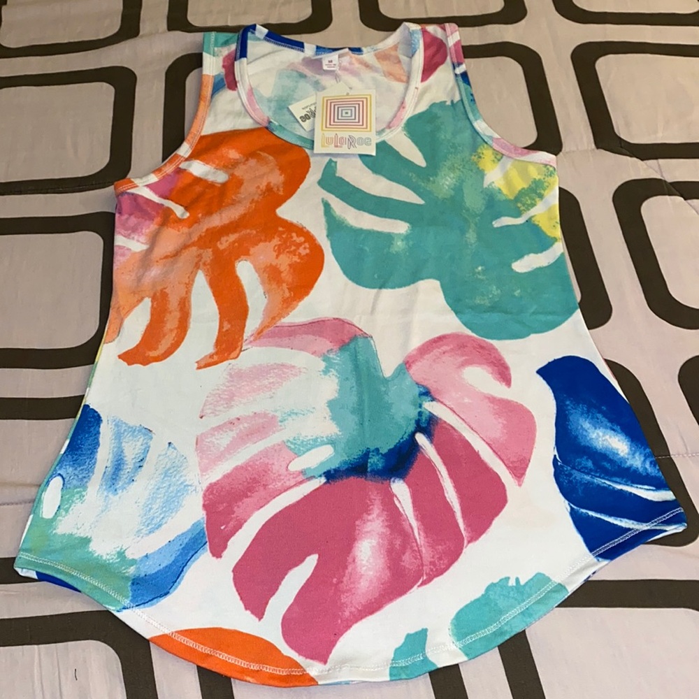 LuLaRoe White Tank Top with Pink, Orange, Teal, Blue and Green Leaf Print